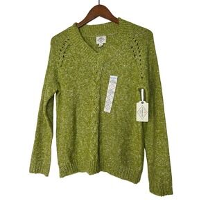 ST JOHN'S BAY Petite large Green Marled V-Neck Cable‎ Knit Sweater